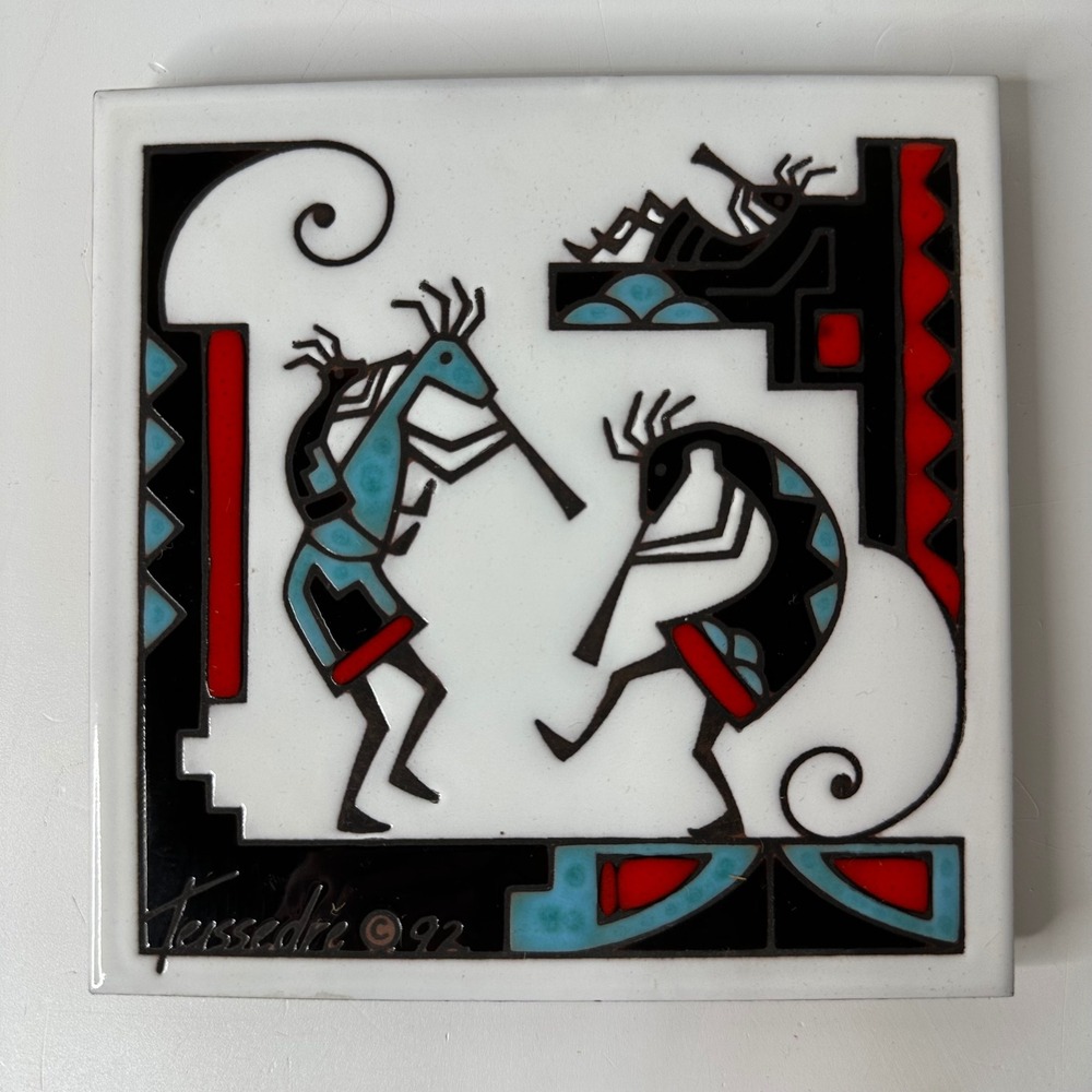 Cleo Teissedre Kokopelli Hand Painted Ceramic Tile Trivet Wall Decor 6x6 Vintage